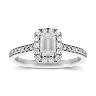 Jenny Packham 18ct White Gold Emerald Cut 0.90cttw Halo Diamond Ring