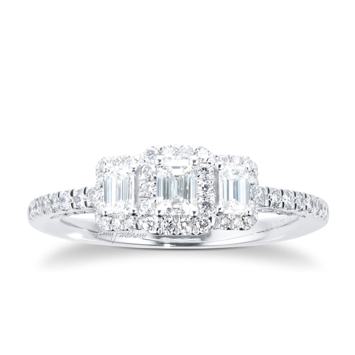 Jenny Packham 18ct White Gold 0.75cttw Diamond Emerald Halo 3 Stone Engagement Ring - Ring Size O