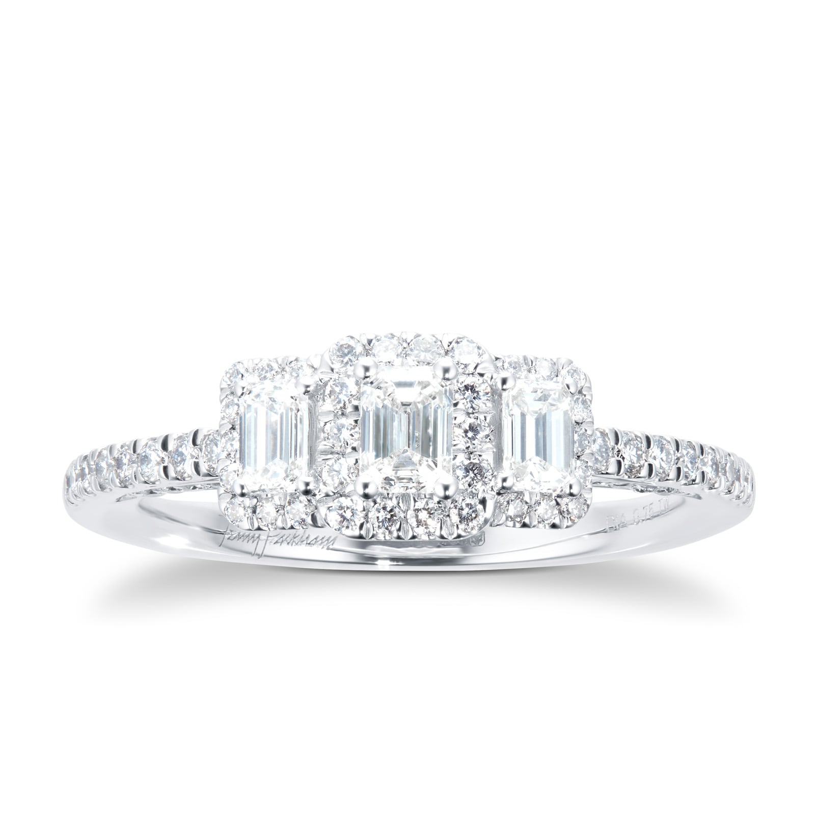 18ct White Gold 0.75cttw Diamond Emerald Halo 3 Stone Engagement Ring