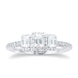 Jenny Packham 18ct White Gold 0.75cttw Diamond Emerald Halo 3 Stone Engagement Ring - Ring Size O