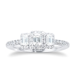 37410281 - 18ct White Gold 0.75cttw Diamond Emerald Halo 3 Stone Engagement Ring