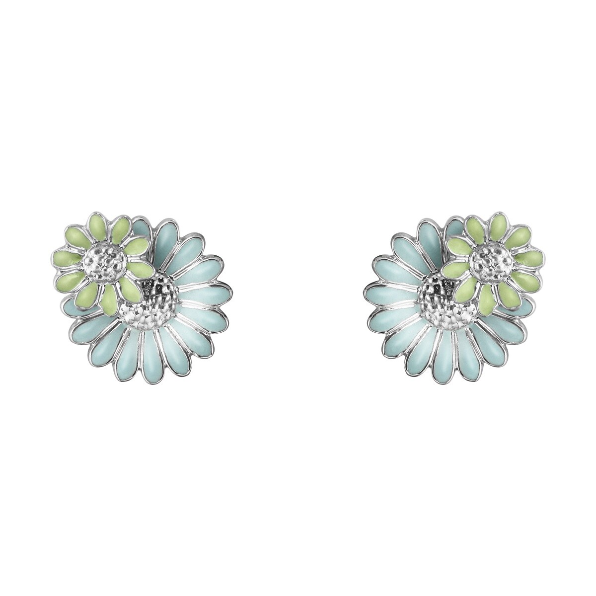 Georg Jensen Rhodium Plated Sterling Silver & Blue and Green Enamel Daisy Earrings