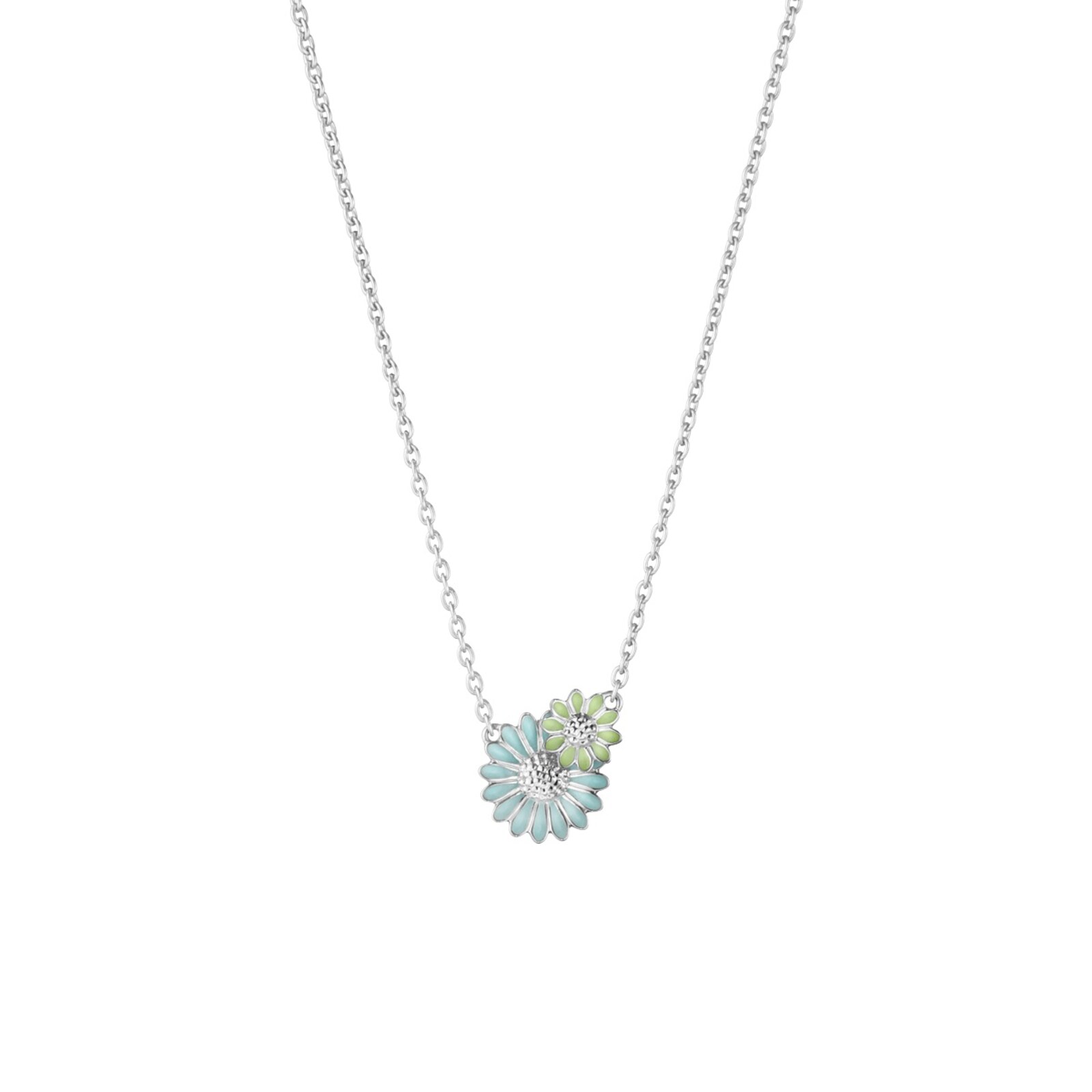 green and blue enamel daisy necklace in rhodium plated silver