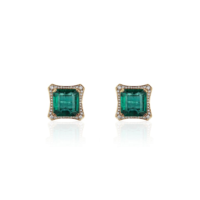 Goshwara 18K Yellow Gold Emerald & Diamond Stud Earrings