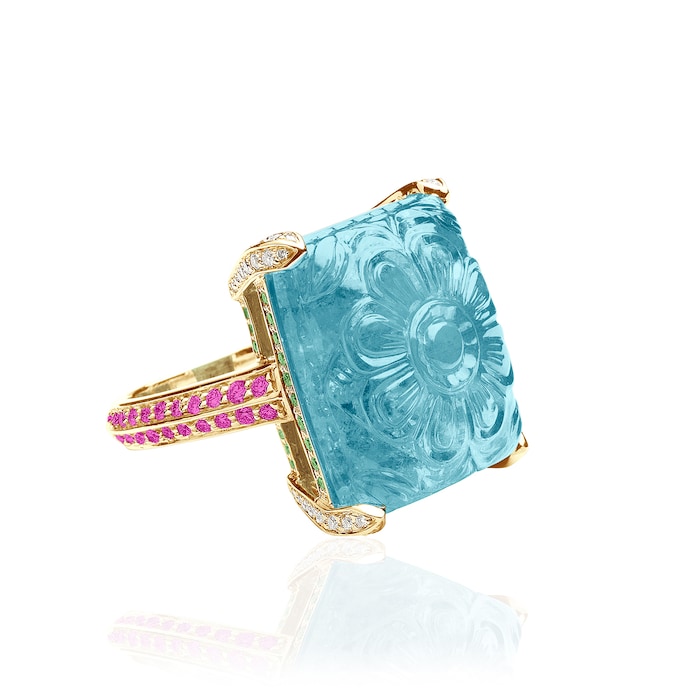 Goshwara 18K Yellow Gold Diamond,Aquamarine,Tsavorite & Pink Sapphire Ring
