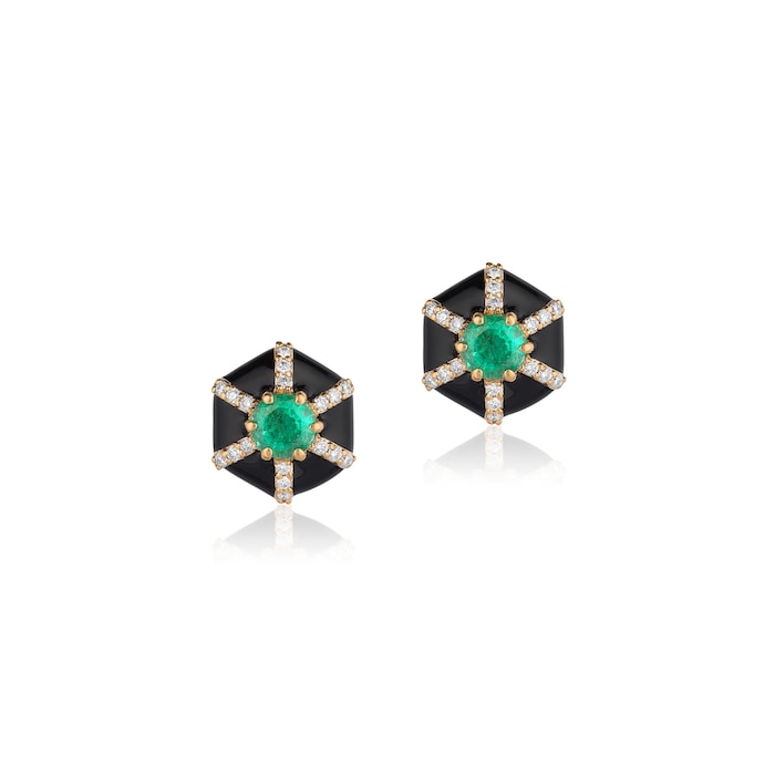 Goshwara 18K Yellow Gold Emerald, Diamond & Black Enamel Stud Earrings