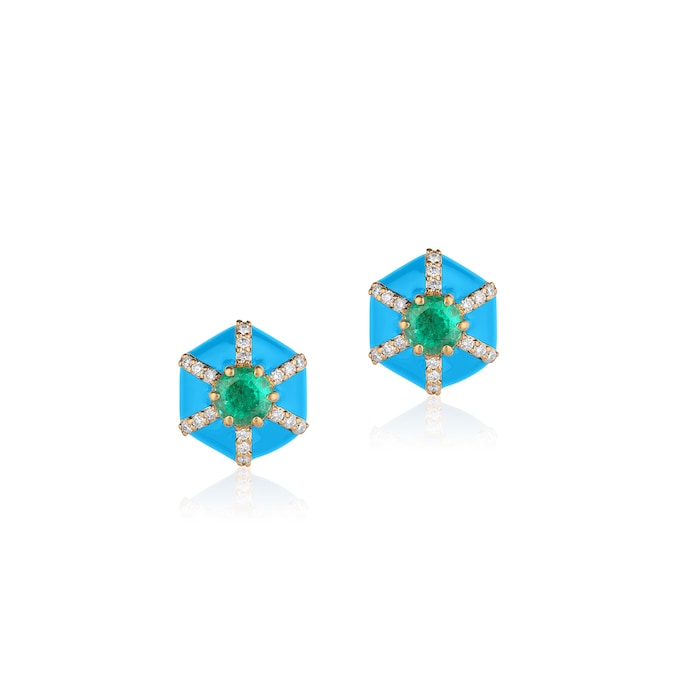 Goshwara 18K Yellow Gold Emerald, Diamond & Turquoise Enamel Stud Earrings