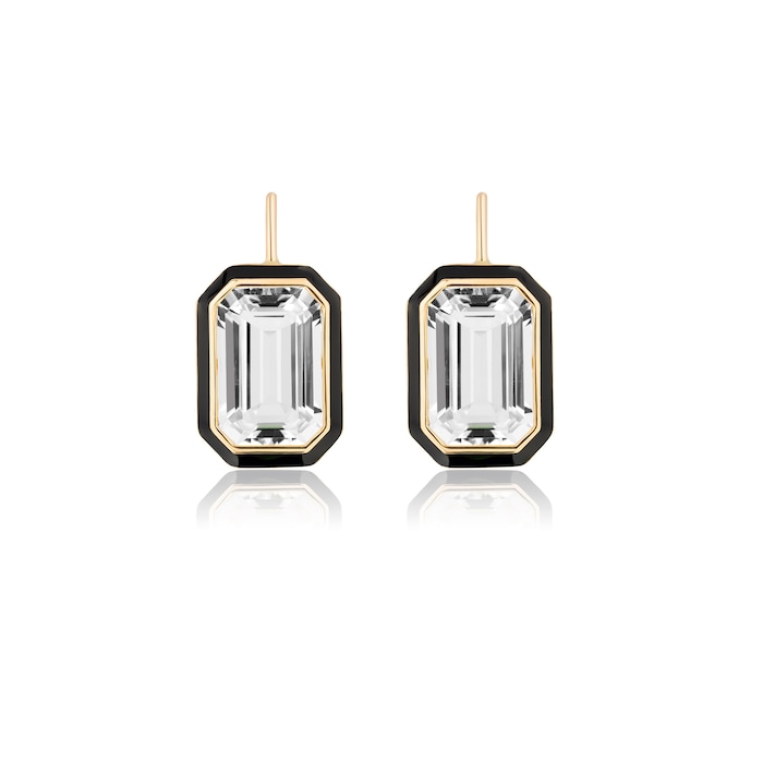 Goshwara 18K Yellow Gold Emerald Cut Rock Crystal & Black Enamel Drop Earrings