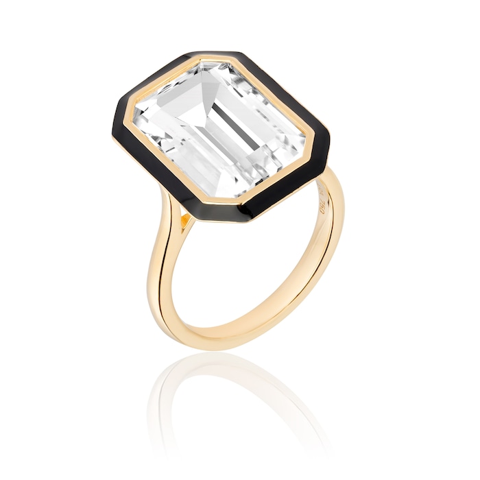 Goshwara 18K Yellow Gold Emerald Cut Rock Crystal & Black Enamel Ring
