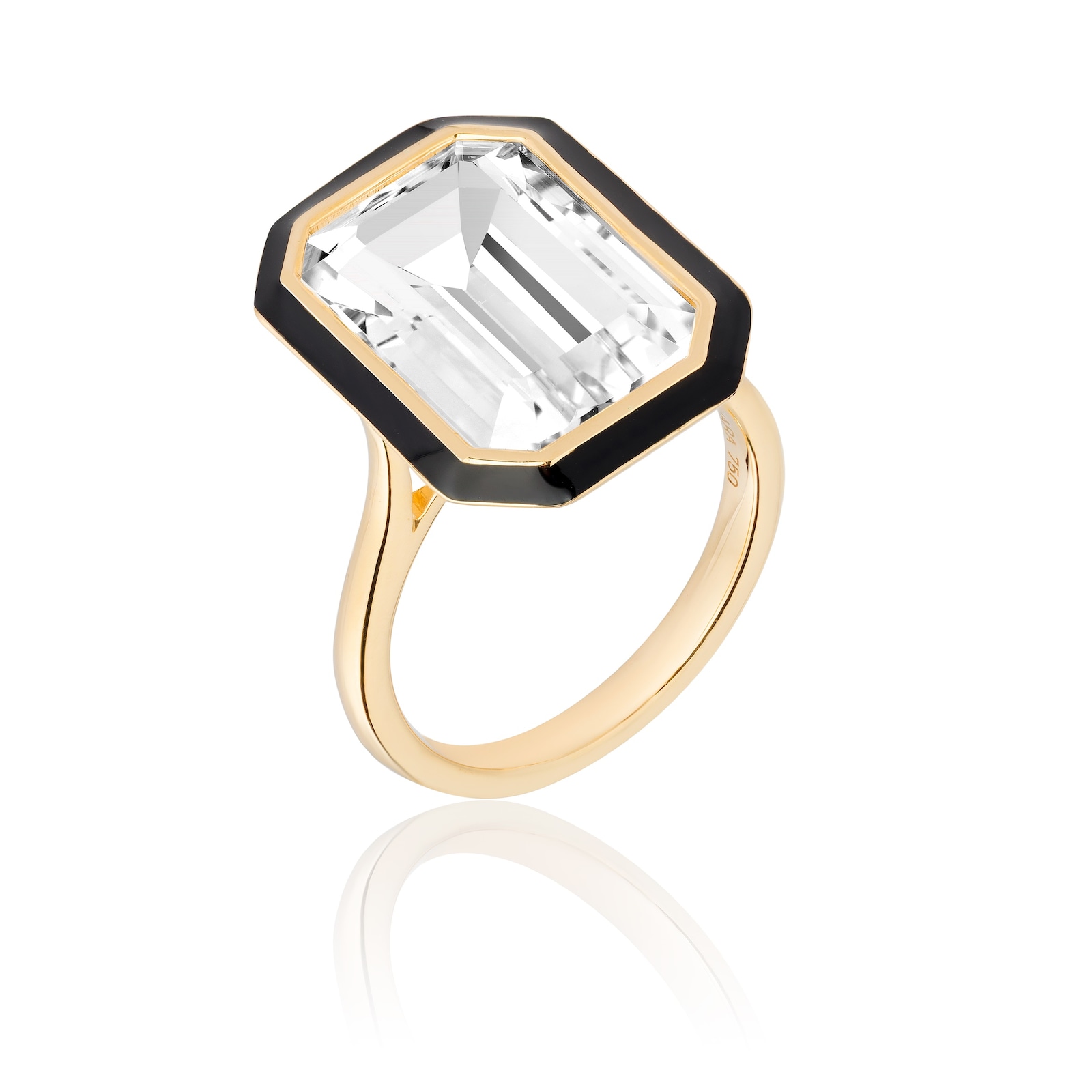 Goshwara 18K Yellow Gold Emerald Cut Rock Crystal & Black Enamel Ring - Ring Size 8