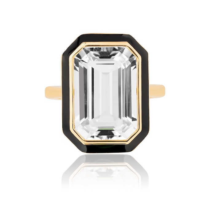 Goshwara 18K Yellow Gold Emerald Cut Rock Crystal & Black Enamel Ring