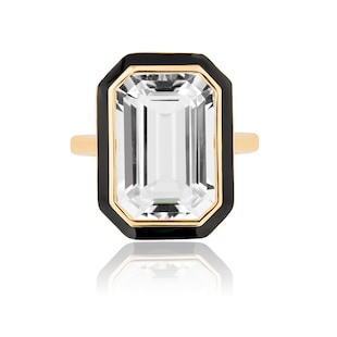 Goshwara 18K Yellow Gold Emerald Cut Rock Crystal & Black Enamel Ring