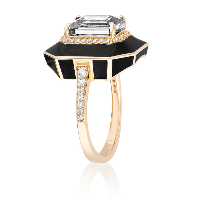 Goshwara 18K Yellow Gold Rock Crystal, Diamond & Black Enamel Ring