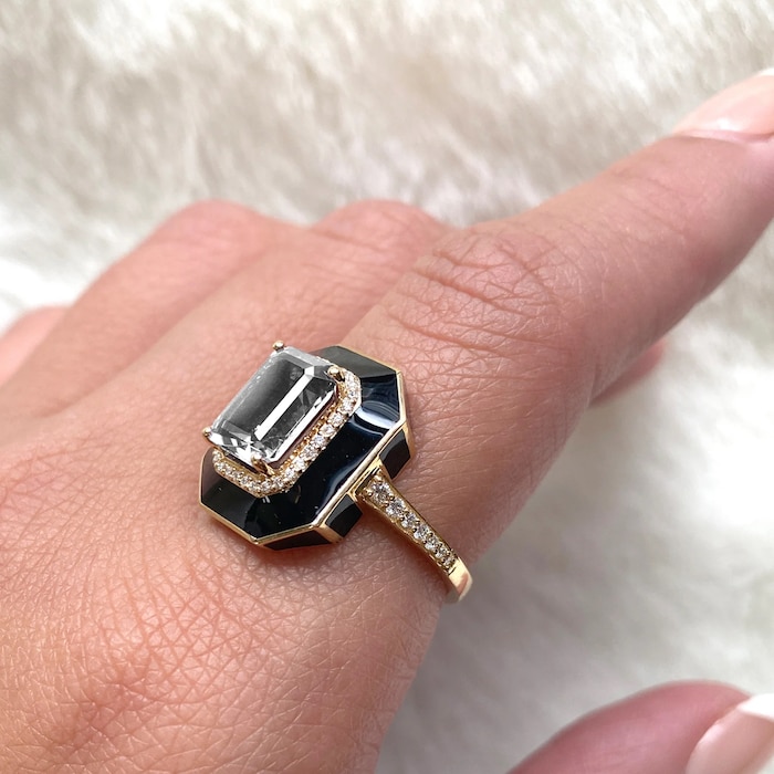 Goshwara 18K Yellow Gold Rock Crystal, Diamond & Black Enamel Ring