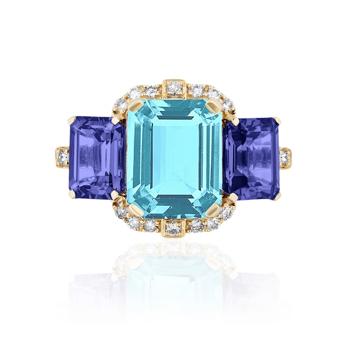 Goshwara 18K Yellow Gold Blue Topaz, Tanzanite & Diamond 3 Stone Ring