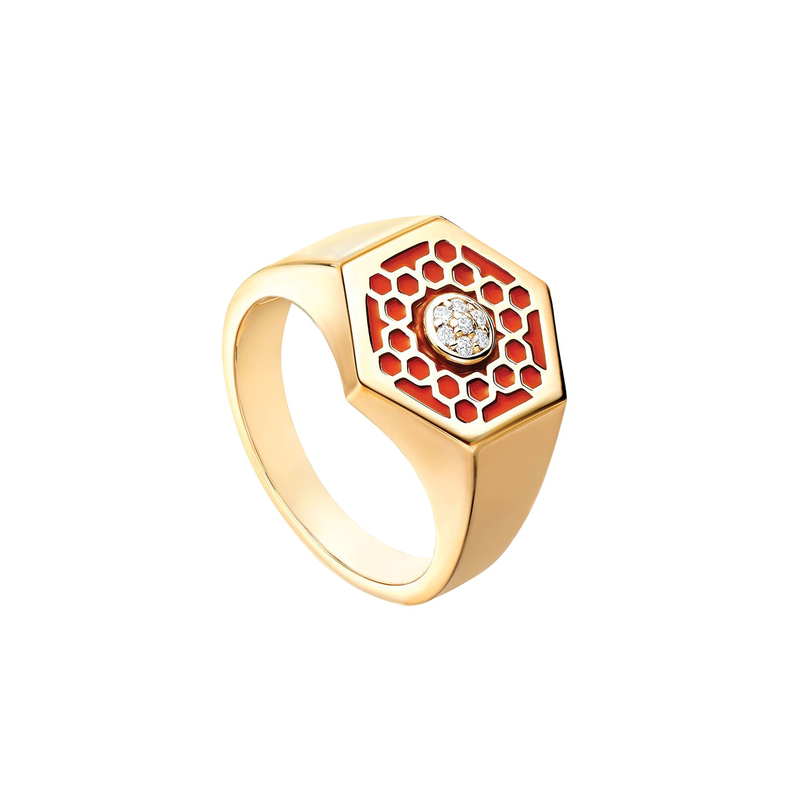 Bijoux Birks Bee Chic 18ct Yellow Gold Red Enamel And Diamond Hexagon Signet Ring