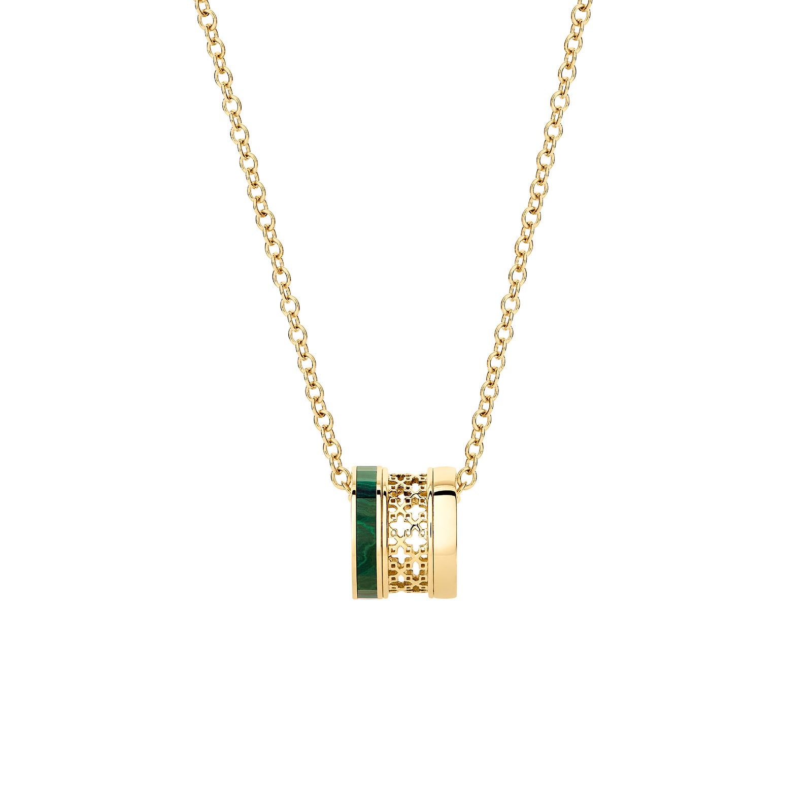 Bijoux Birks 18k Yellow Gold Malachite Dare to Dream Openwork 25mm Barrel Pendant 18" Bijoux Birks 18k Yellow Gold Malachite Dare to Dream Openwork 25mm Barrel Pendant 18"