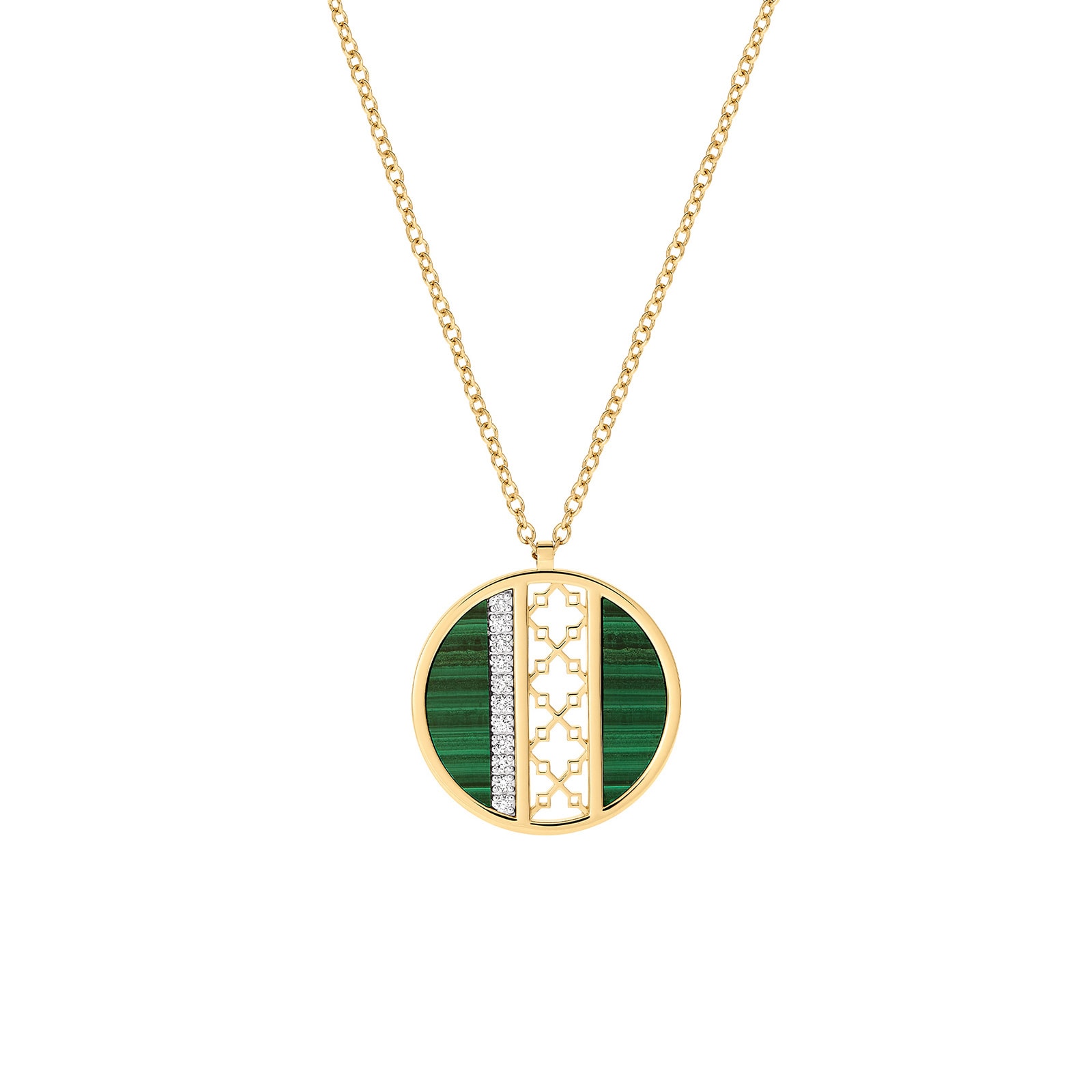Bijoux Birks 18k Yellow Gold Diamond and Malachite Dare to Dream Openwork 25mm Pendant 32" Bijoux Birks 18k Yellow Gold Diamond and Malachite Dare to Dream Openwork 25mm Pendant 32"