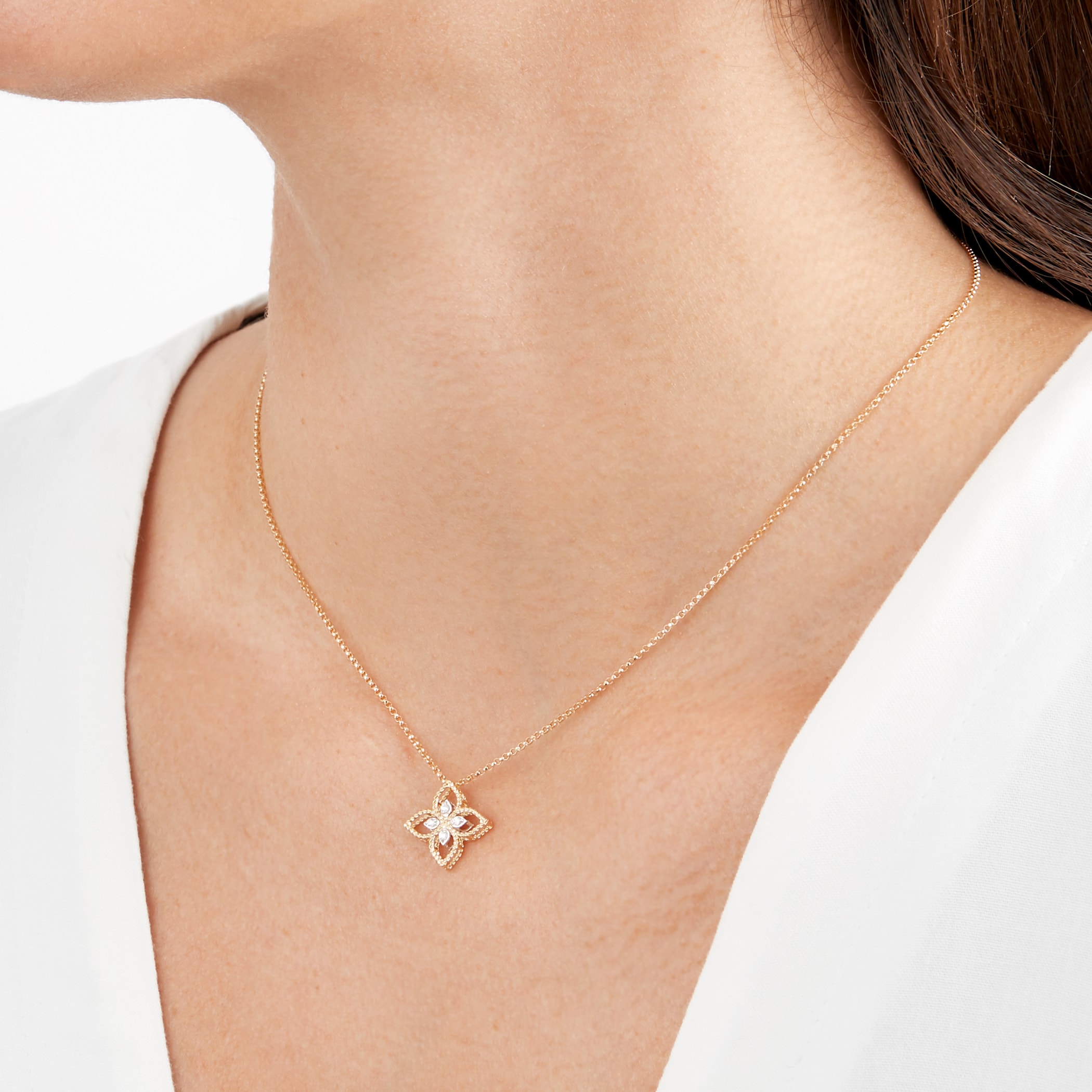 Roberto Coin Princess Flower 18ct Bi-Colour Gold 0.04ct Diamond Pendant Necklace Roberto Coin Princess Flower 18ct Bi-Colour Gold 0.04ct Diamond Pendant Necklace