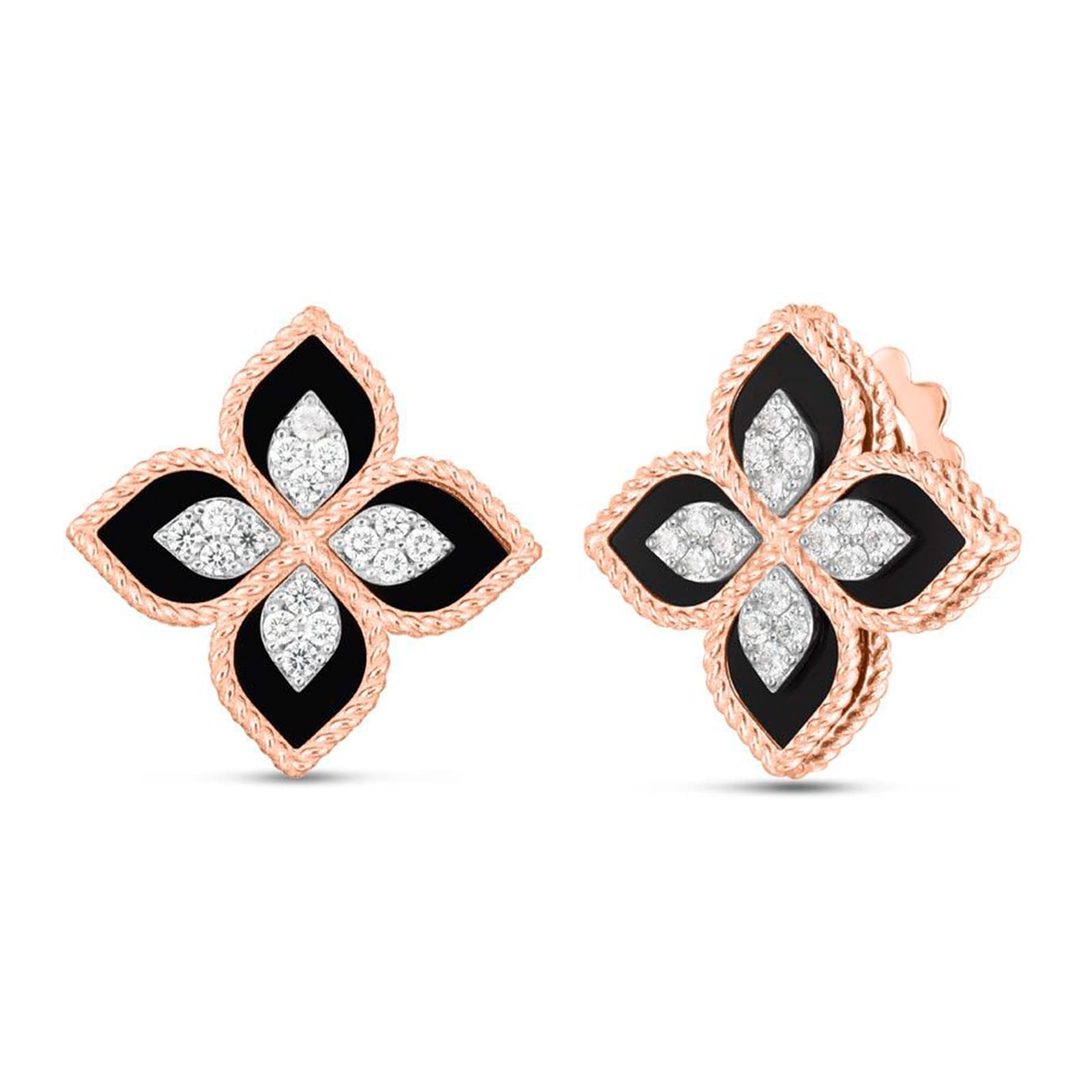 Roberto Coin Princess Flower 18ct Rose Gold 0.36cttw Black Jade Diamond Stud Earrings