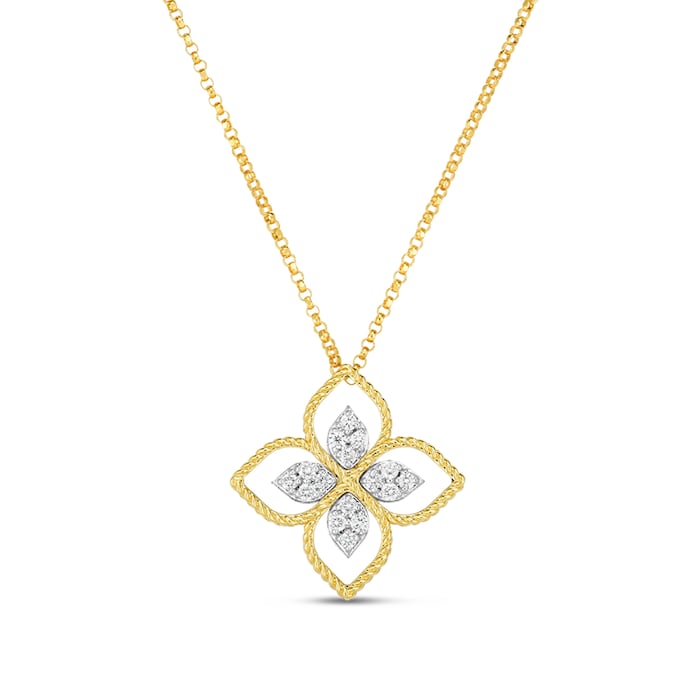 Roberto Coin 18k Yellow Gold 0.16cttw Diamond Principessa Flower Necklace 42-45cm