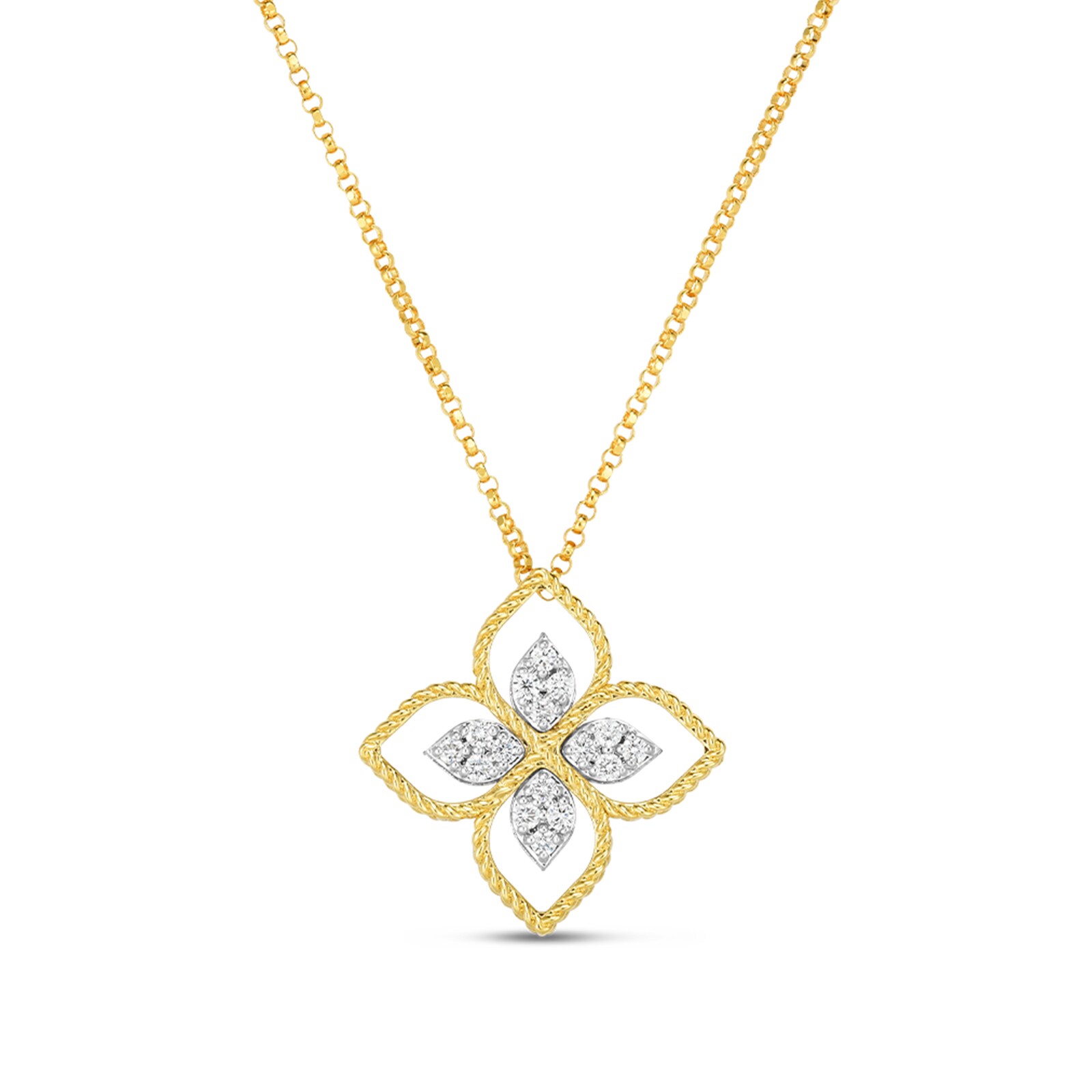 Roberto Coin 18k Yellow Gold 0.16cttw Diamond Principessa Flower Necklace 42-45cm