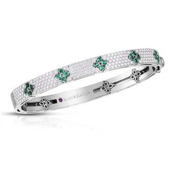 Roberto Coin 18K White Gold Love In Verona Pavé Diamond & Emerald Bangle
