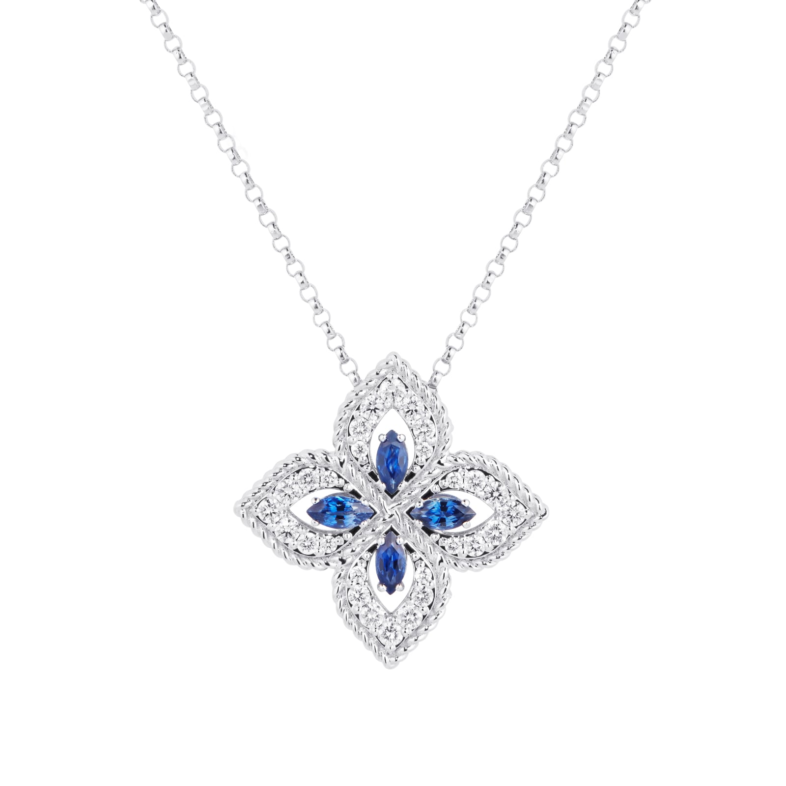 Exclusive 18ct White Gold Princess Flower 0.26ct Diamond & Sapphire 45cm Pendant