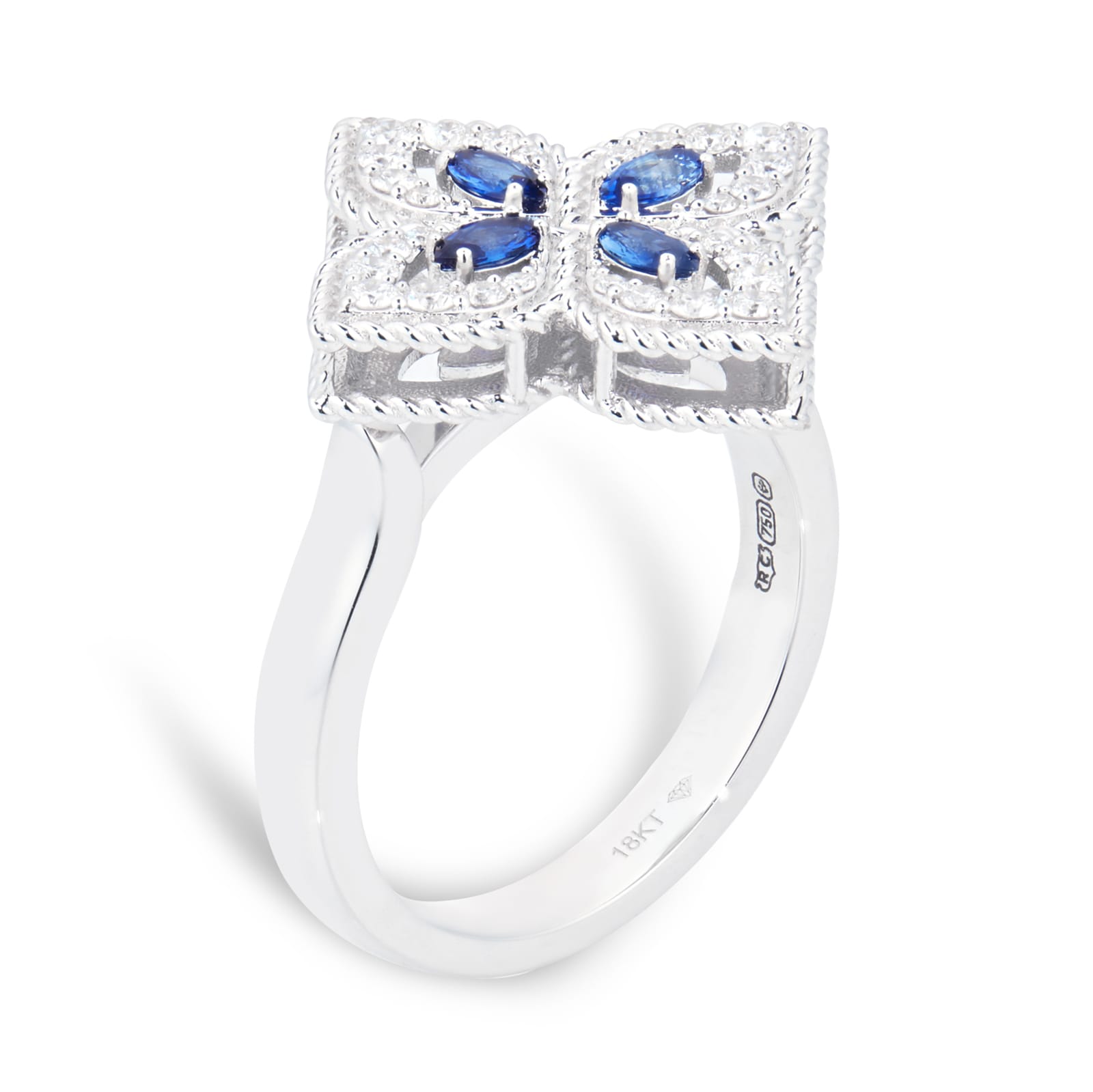 Exclusive 18ct White Gold Princess Flower 0.26ct Diamond & Sapphire Ring - Ring Size P
