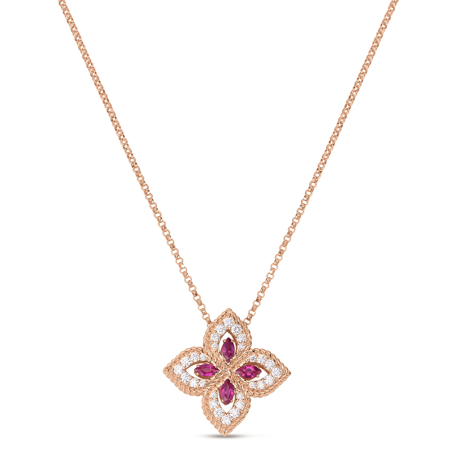 18ct Rose Gold Princess Flower 0.27ct Diamond & Ruby Pendant
