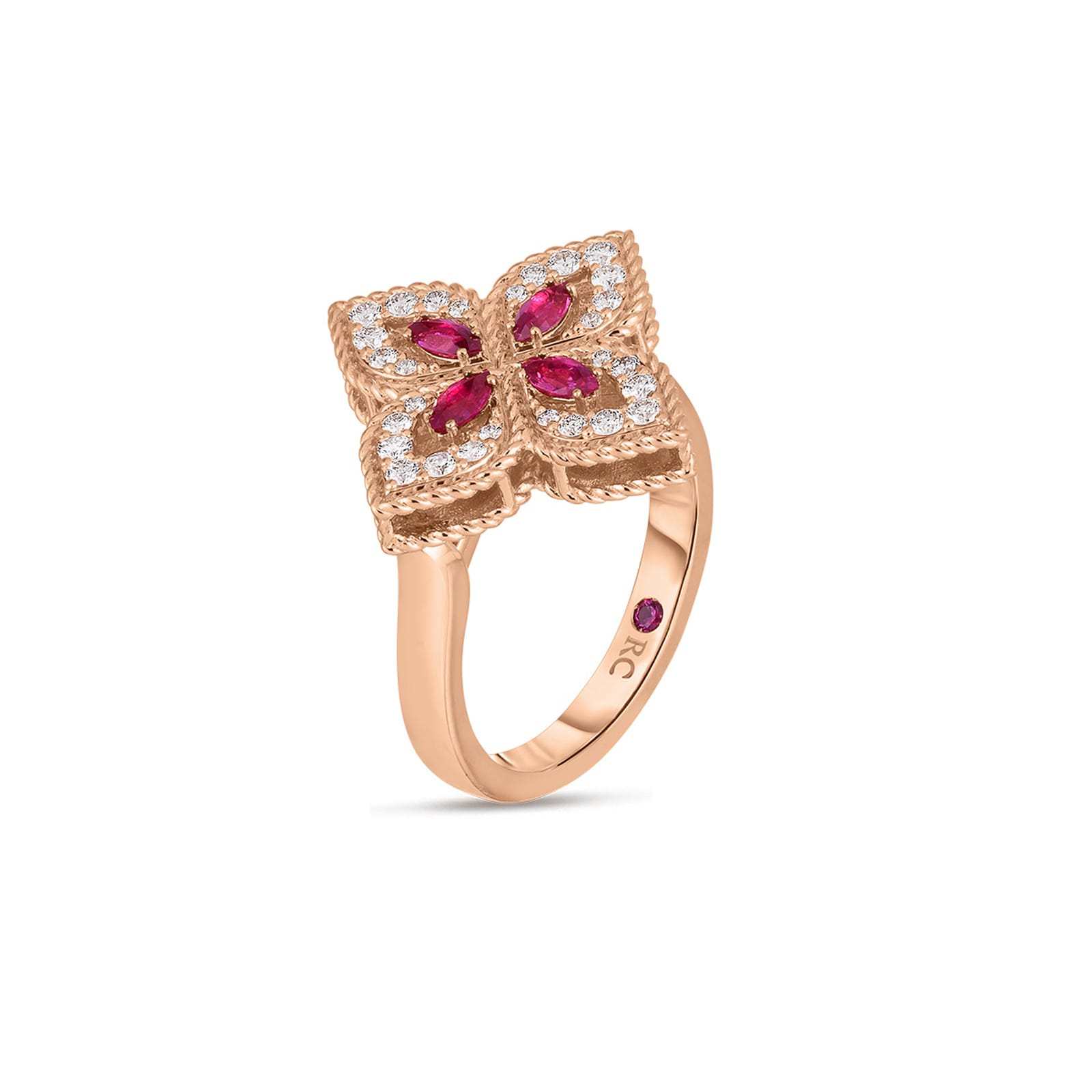 18ct Rose Gold Princess Flower 0.26ct Diamond & Ruby Ring - Ring Size L