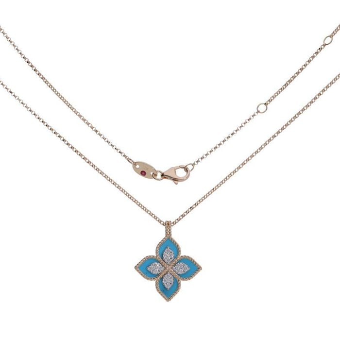 Roberto Coin 18k Rose Gold 0.35cttw Diamond and Turquoise Princess Flower Pendant