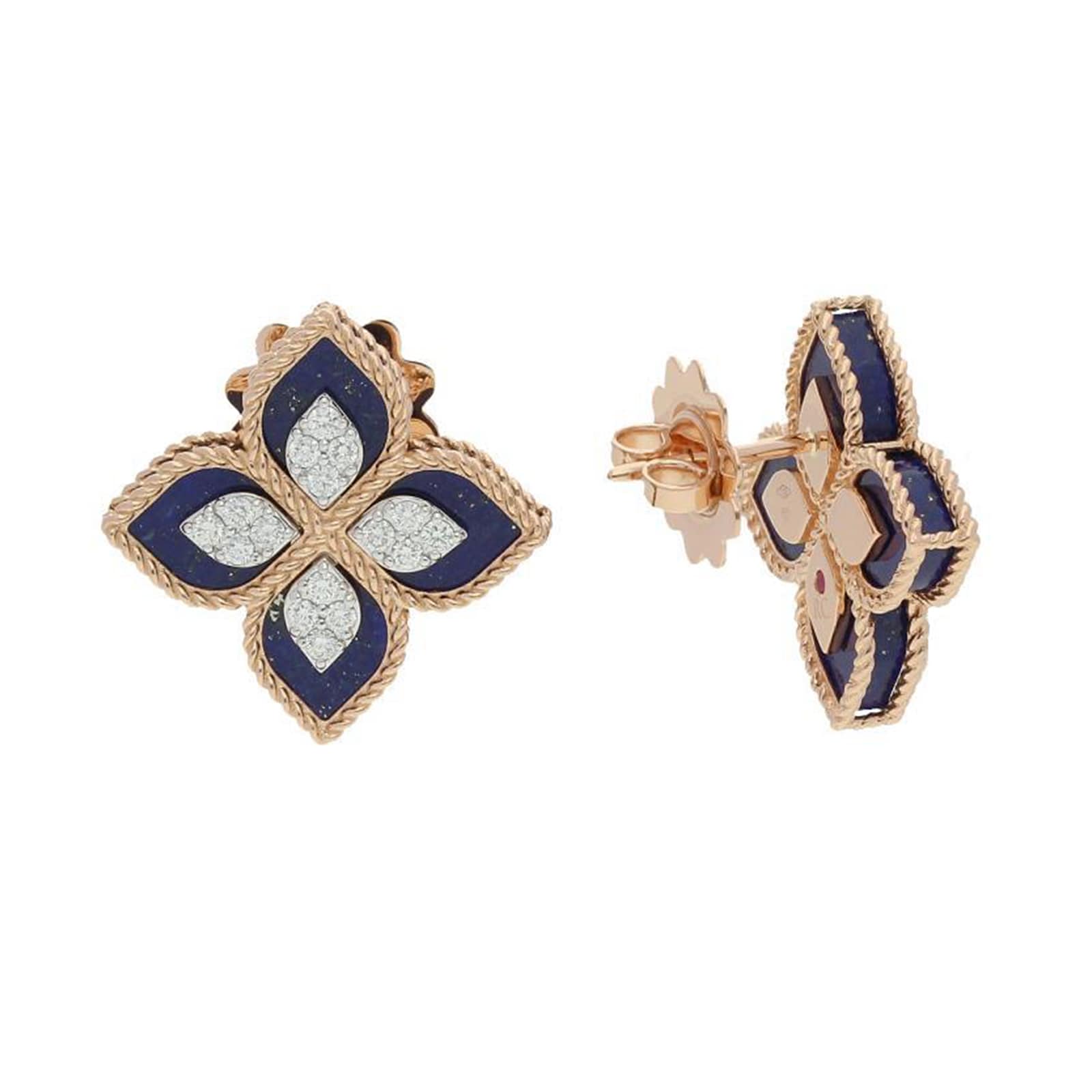 Roberto Coin 18k Rose Gold 0.35cttw Diamond and Lapis Princess Flower Earrings
