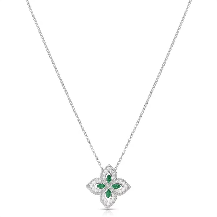 Roberto Coin 18k White Gold Exclusive Venetian Princess 0.25cttw Diamond & 0.35cttw Emerald Necklace 17"