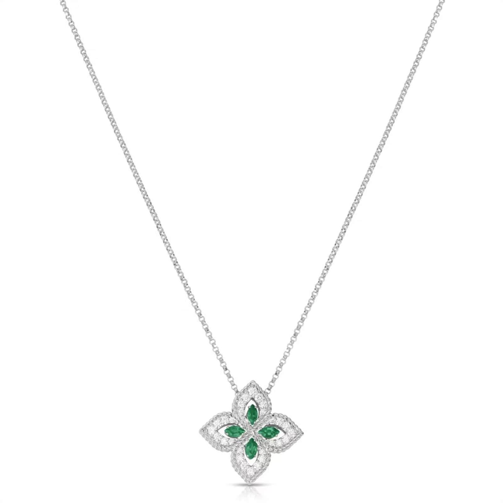 Roberto Coin 18k White Gold Exclusive Venetian Princess 0.25cttw Diamond & 0.35cttw Emerald Necklace 17"