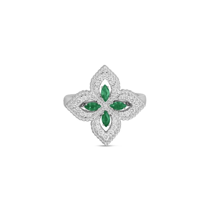 Roberto Coin 18K White Gold Exclusive Venetian Princess 0.25cttw Diamond & 0.35cttw Emerald Ring