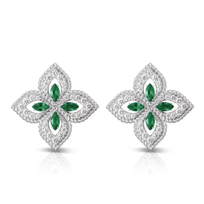 Roberto Coin 18K White Gold Exclusive Venetian Princess 0.25cttw Diamond & 0.68cttw Emerald Earrings