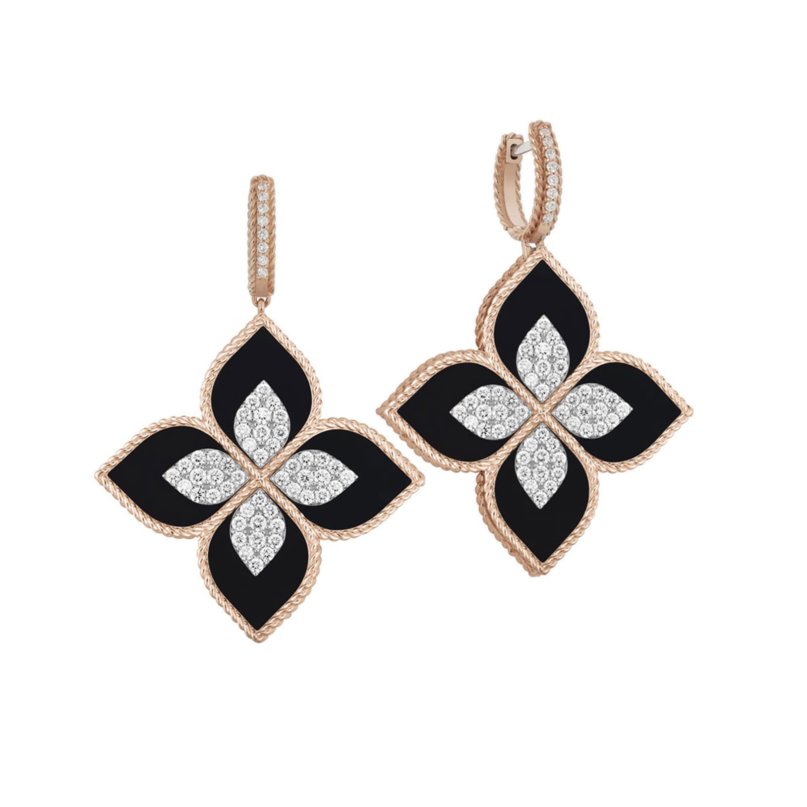 Princess Flower 18ct Rose Gold 1.57ct Diamond & Black Jade Earrings