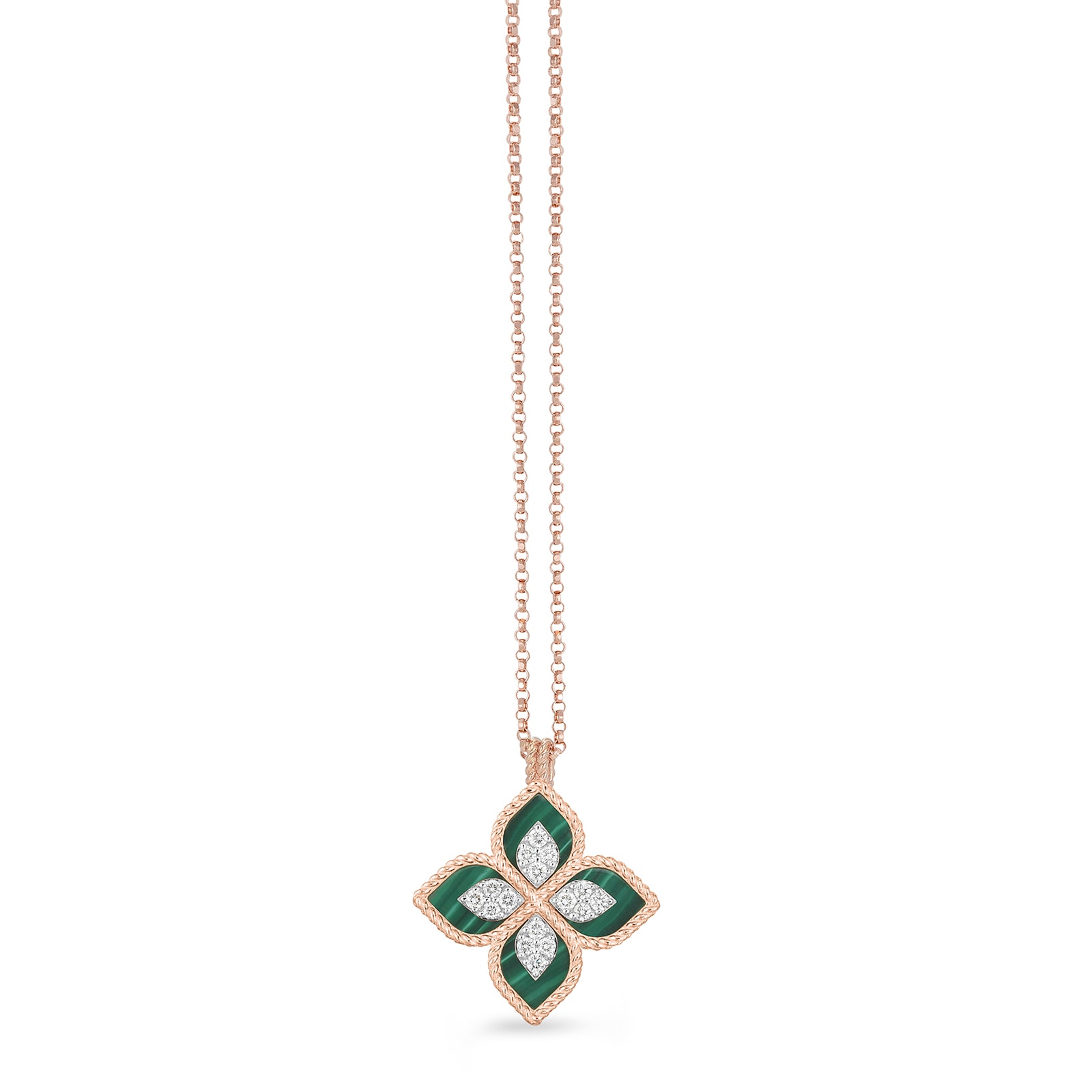 Princess Flower 18ct Rose Gold 0.19ct Diamond & Malachite Pendant