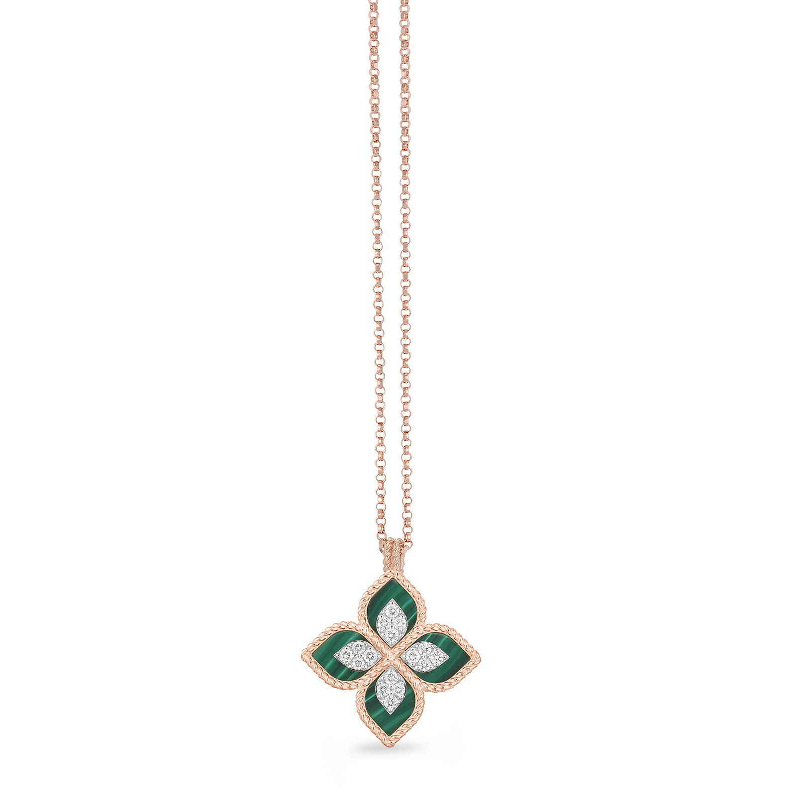 Roberto Coin Princess Flower 18ct Rose Gold 0.19ct Diamond & Malachite Pendant Necklace Roberto Coin Princess Flower 18ct Rose Gold 0.19ct Diamond & Malachite Pendant Necklace
