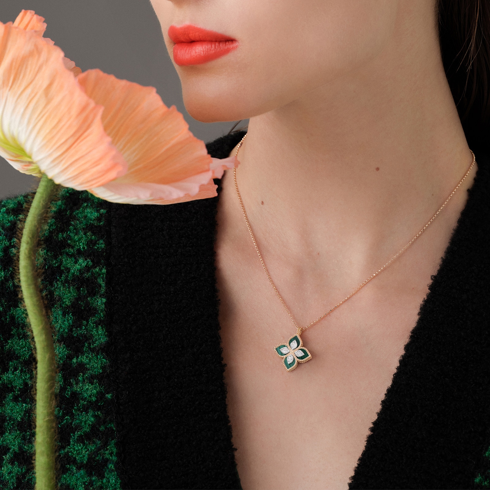 Roberto Coin Princess Flower 18ct Rose Gold 0.19ct Diamond & Malachite Pendant Necklace Roberto Coin Princess Flower 18ct Rose Gold 0.19ct Diamond & Malachite Pendant Necklace