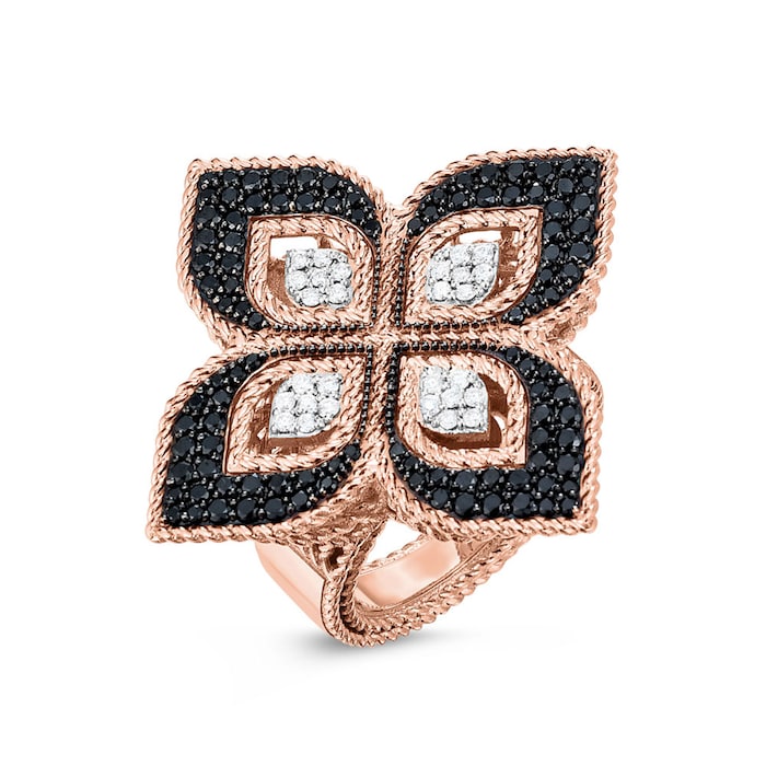 Roberto Coin Princess Flower 18ct Rose Gold Black & White Diamond Ring