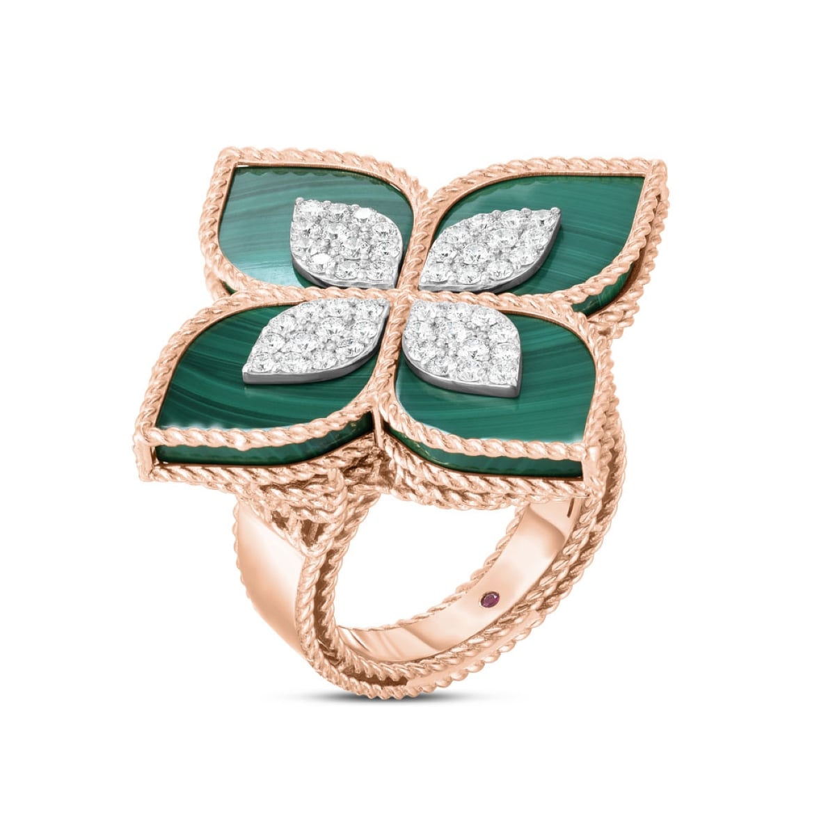 Princess Flower 18ct Rose Gold 0.72ct Diamond & Malachite Ring - Ring Size O