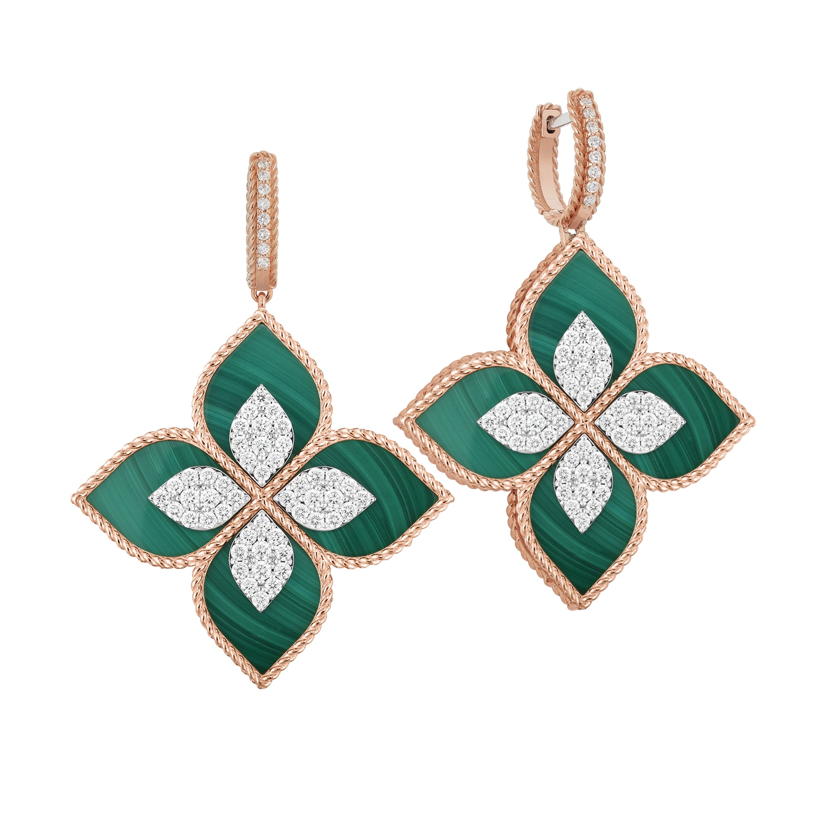 Roberto Coin Princess Flower 18ct Rose Gold 1.56ct Diamond & Malachite Drop Earrings