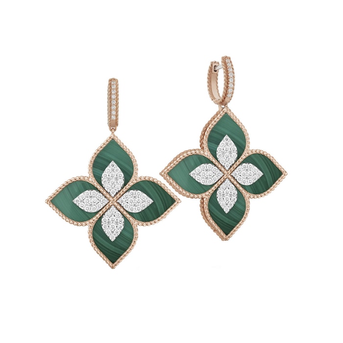 Roberto Coin Princess Flower 18ct Rose Gold 1.56ct Diamond & Malachite Drop Earrings