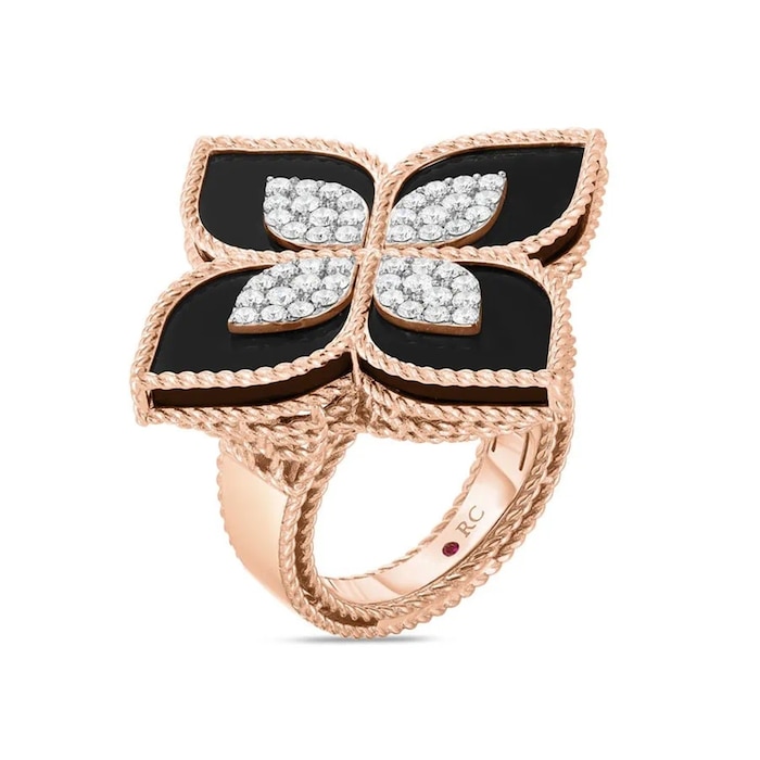 Roberto Coin Princess Flower 18ct Rose Gold 0.72ct Diamond & Black Jade Ring