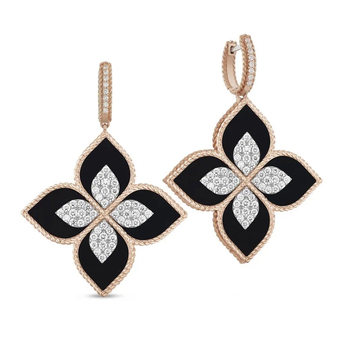 Princess Flower 18ct Rose Gold 1.56ct Diamond & Black Jade Drop Earrings