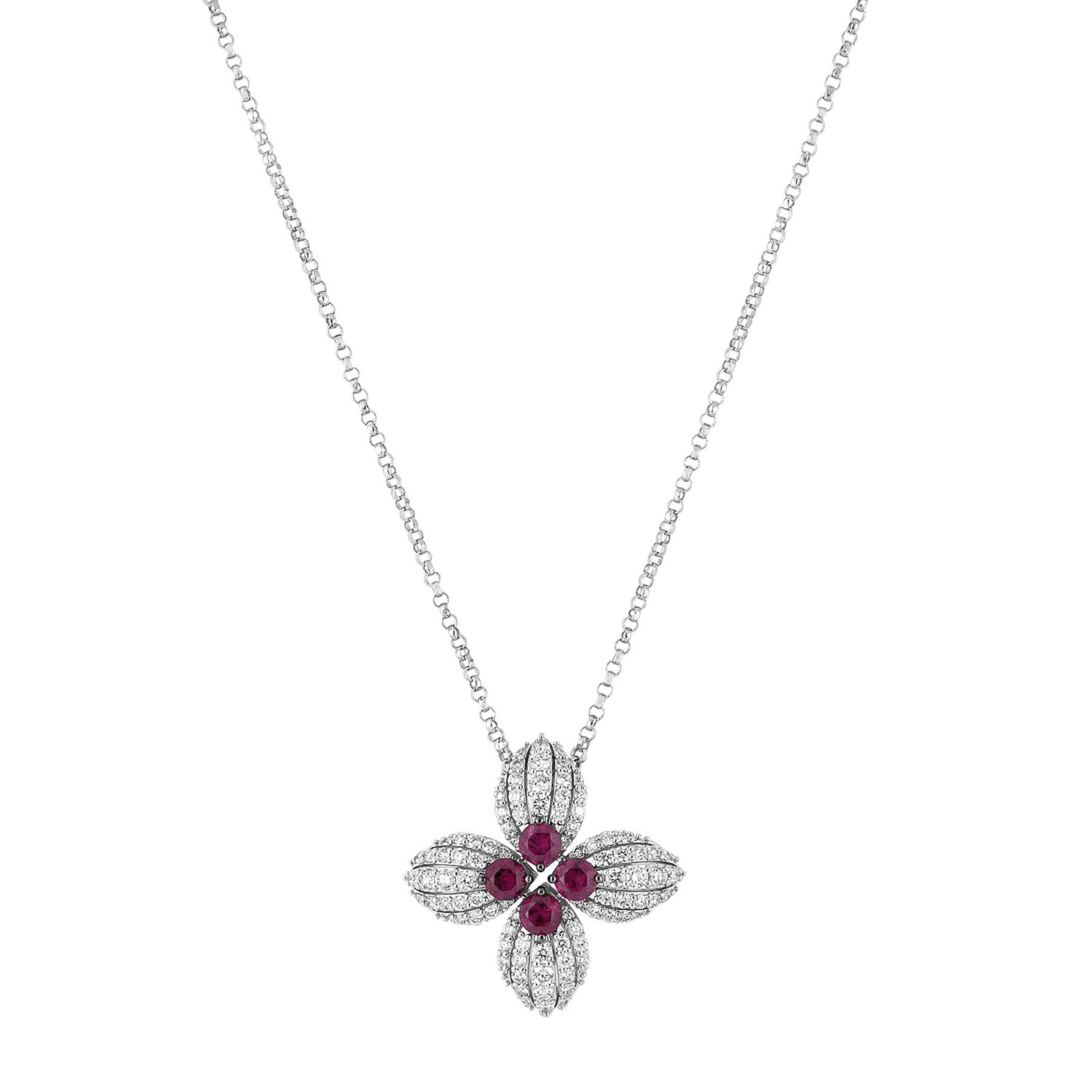 Roberto Coin 18K White Gold Love In Verona Diamond & Ruby Flower Necklace