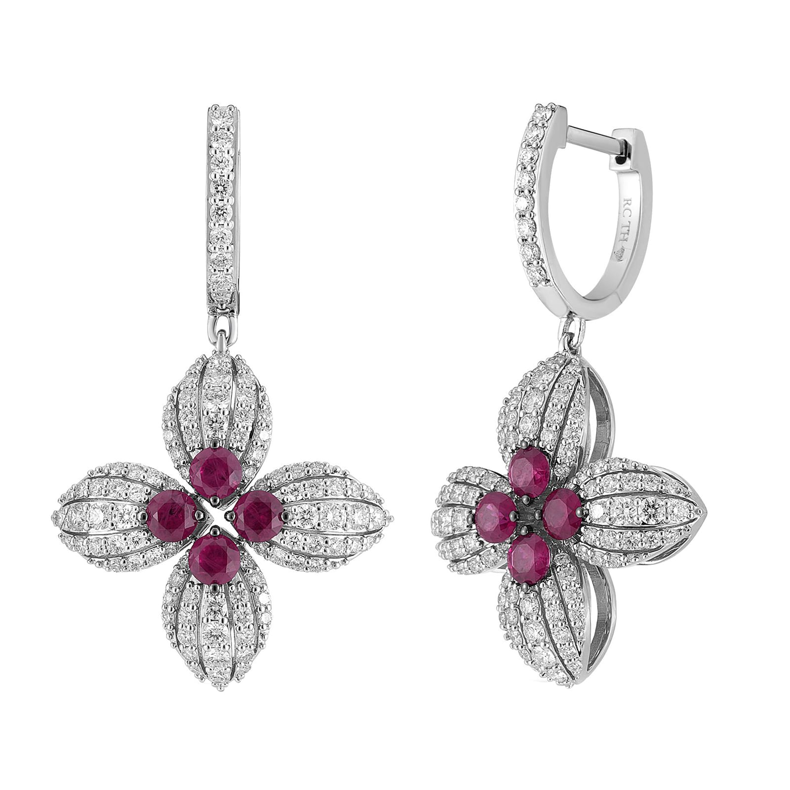 Roberto Coin 18K White Gold Love In Verona Diamond & Ruby Flower Drop Earrings Roberto Coin 18K White Gold Love In Verona Diamond & Ruby Flower Drop Earrings