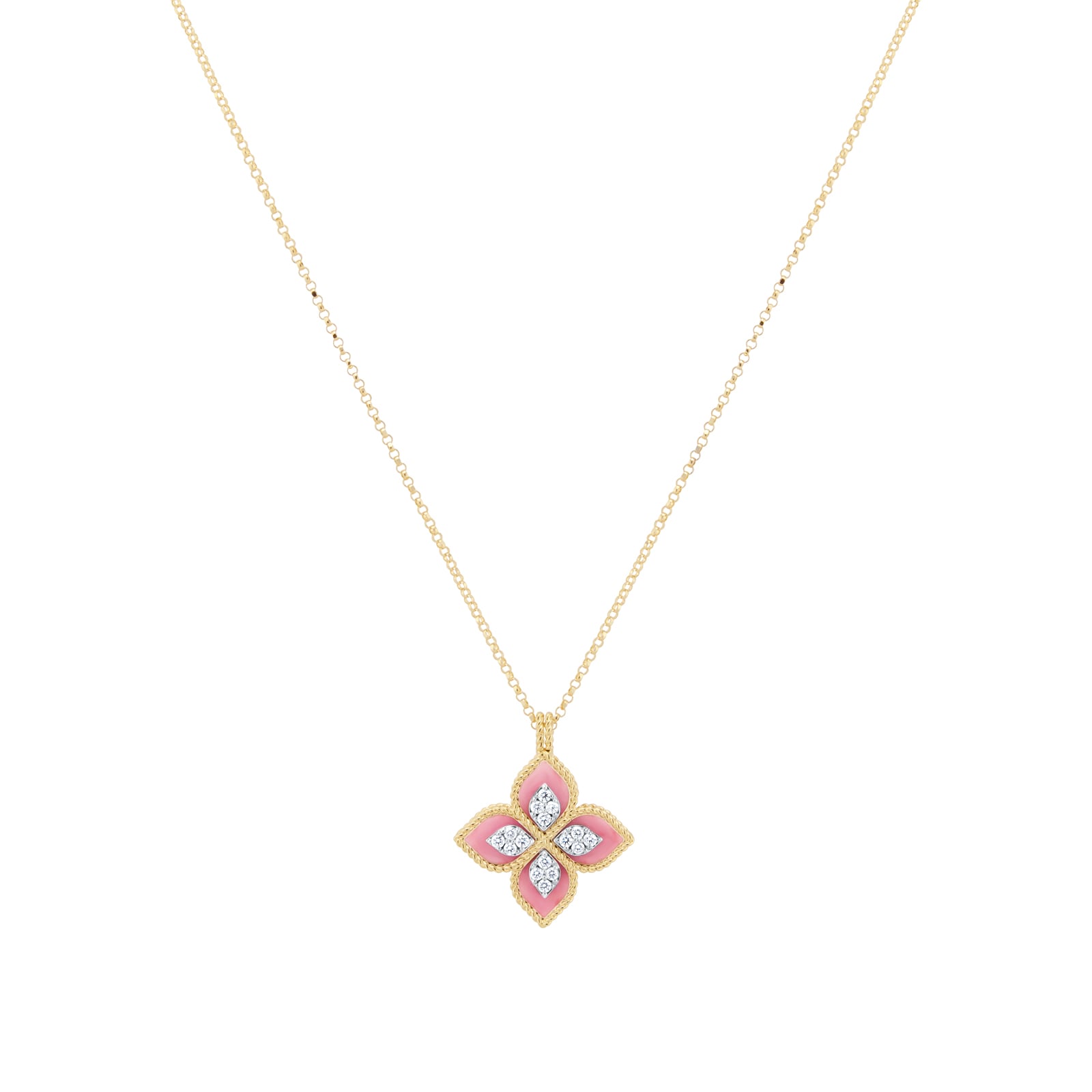 Roberto Coin Princess Flower 18ct Yellow Gold Rhodonite & 0.18ct Diamond Pendant Roberto Coin Princess Flower 18ct Yellow Gold Rhodonite & 0.18ct Diamond Pendant